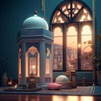 Ramadan kareem salutation carte. arabe lanternes, lune et mosquée à nuit. ai généré ouvrages d'art photo