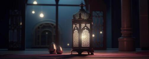 Ramadan kareem salutation carte. arabe lanternes, lune et mosquée à nuit. ai généré ouvrages d'art photo