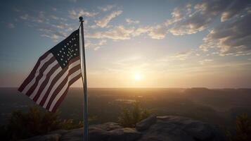 uni États de Amérique drapeau agitant dans le vent à le coucher du soleil ai généré ouvrages d'art photo