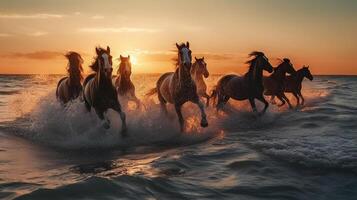 troupeau de les chevaux galopant dans le mer à le coucher du soleil dans été ai généré ouvrages d'art photo