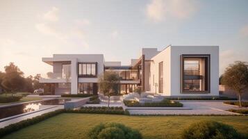 3d le rendu de moderne confortable maison avec garage pour vente ou location avec magnifique aménagement paysager sur arrière-plan, réel biens concept ai généré ouvrages d'art photo