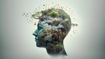 conceptuel image de une Humain tête avec coloré cerveau et l'automne feuilles. mental santé concept ai généré ouvrages d'art photo