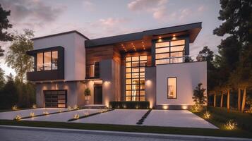 3d le rendu de moderne confortable maison avec garage pour vente ou location avec magnifique aménagement paysager sur arrière-plan, réel biens concept ai généré ouvrages d'art photo