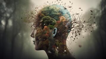 conceptuel image de une Humain tête avec coloré cerveau et l'automne feuilles. mental santé concept ai généré ouvrages d'art photo