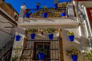 bleu des pots avec fleurs sur une blanc bâtiment dans le vieux ville de alicante Espagne photo