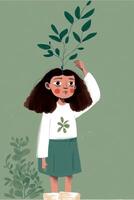 minimaliste illustration de fille enfant et plante. génératif ai. photo