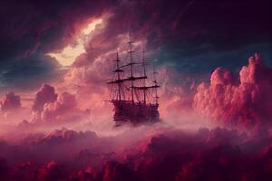 monumental majestueux pirate navire planant sur rose des nuages. génératif ai. photo