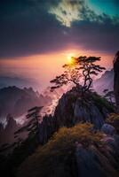 Huangshan lever du soleil. le des nuages sur le Haut de le Montagne. génératif ai. photo