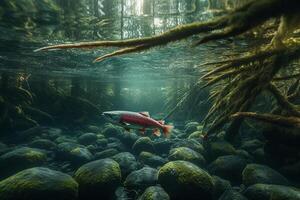 rouge truite nager dans le mer. sous-marin photo de une eau fraiche poisson ai généré