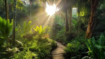 Soleil des rayons brillant par le feuilles de des arbres dans une tropical jardin ai généré photo