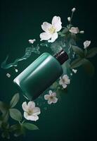 cosmétique bouteille avec jasmin fleurs sur une vert Contexte. ai généré photo