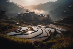 riz terrasses à le coucher du soleil dans Fogi Matin paysage ai généré photo