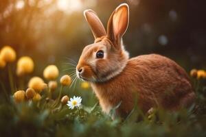 mignonne rouge lapin avec fleurs sur vert herbe à le coucher du soleil. Pâques Contexte ai généré photo