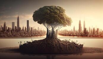 conceptuel image de vert arbre avec les racines et ville dans Contexte ai généré photo