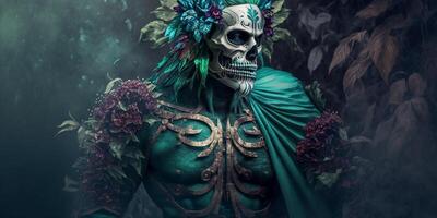 gothique homme avec crâne costume et fleurs. Halloween concept ai généré photo