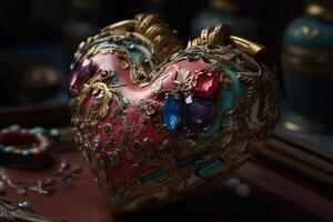 la Saint-Valentin journée. en forme de coeur boîte avec précieux des pierres ai généré photo