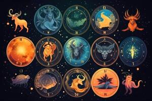 une ensemble de magique zodiaque panneaux sur une foncé Contexte avec étoiles établi avec génératif ai technologie. photo