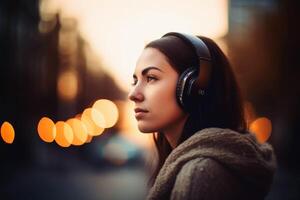 une femme écoute à la musique établi avec génératif ai technologie. photo