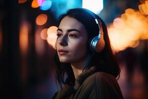 une femme écoute à la musique établi avec génératif ai technologie. photo