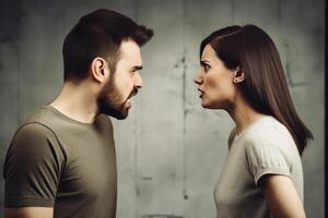 une homme et une femme argumenter établi avec génératif ai technologie. photo