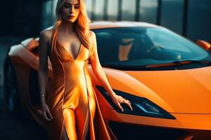 une sexy femme dans un élégant robe permanent suivant à une des sports voiture établi avec génératif ai technologie. photo