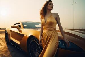 une sexy femme dans un élégant robe permanent suivant à une des sports voiture établi avec génératif ai technologie. photo