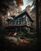 une moderne maison dans forêt parfait pour isolé vacances ou juste une paisible se détendre dans le lien avec la nature. moderne architecture. génératif ai. photo