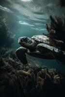 magnifique vue de le Montagne. océan surfant vague rupture et tortues plongée sous-marin. tortues au dessous de le l'eau surface dans turquoise des eaux de une tropical océans. génératif ai. photo