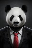 ai généré. fermer portrait de mignonne Panda dans noir costume blanc T-shirt et rouge attacher photo