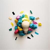 Nouveau idée concept avec froissé Bureau papier et lumière ampoule. inspiration concept froissé papier lumière ampoule métaphore pour choisir le meilleur idée. génératif ai. photo