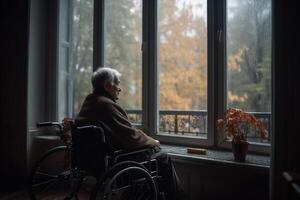 un vieux homme dans une fauteuil roulant regards en dehors le fenêtre de le sien Accueil dans le l'automne. génératif ai photo