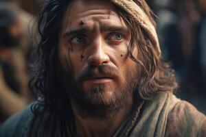 Jésus Christ, une portrait de une fort, courageux homme. génératif ai photo