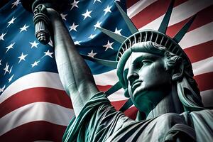 statue de liberté sur le américain drapeau. liberté et indépendance. génératif ai photo