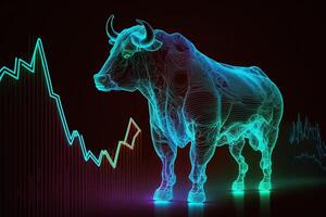 taureau Stock échange. embrasé néon taureau contre le Contexte de Stock échange graphiques et devis. noir Contexte. génératif ai photo