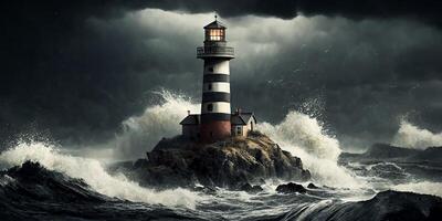 une phare à lumière le façon pendant une tempête. art composition. génératif ai photo