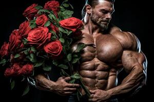 une Masculin bodybuilder avec une bouquet de rouge des roses contre une noir Contexte. une salutation carte. génératif ai photo