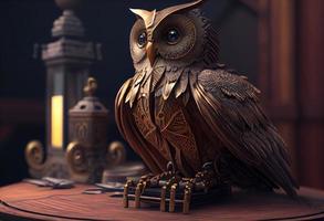 fermer de un hibou statue séance sur Haut de une en bois tableau, une 3d le rendu, cinétique art, steampunk. produire ai photo