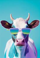 Créatif animal composition. vache portant nuances lunettes de soleil monocle isolé. pastel pente Contexte. avec texte copie espace. produire ai photo