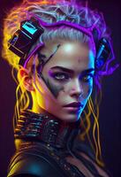 photo cyberpunk femme portrait futuriste néon style. produire ai