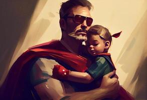 content du père journée. une papa dans une super-héros costume est en portant une fille. produire ai. photo