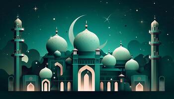 illustration de une mosquée, étoiles, et un eid mubarak salutation, représentant le fête de Foi pendant Ramadan et aïd. génératif ai photo