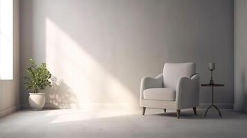 moderne minimaliste intérieur avec un fauteuil sur vide blanc Couleur mur Contexte. génératif ai photo