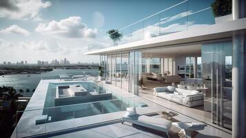 exceptionnel luxe attique terrasse avec une nager bassin surplombant Miami. génératif ai photo