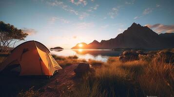 Aube dans le sauvage, camping à lever du soleil. génératif ai photo