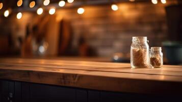 rustique élégance, produit vitrine sur en bois dessus de la table avec bokeh lumières. génératif ai photo