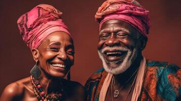 joyeux personnes âgées l'amour. africain couple actions rire et Bonheur. génératif ai photo