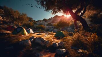 Aube dans le sauvage, camping à lever du soleil. génératif ai photo