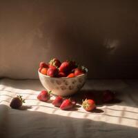 une bol de des fraises sur une table avec une blanc tissu ai génératif photo