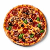 une Pizza avec champignons Olives tomates et oignons sur une blanc Contexte ai génératif photo