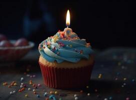 anniversaire petit gâteau avec bougie. illustration ai génératif photo